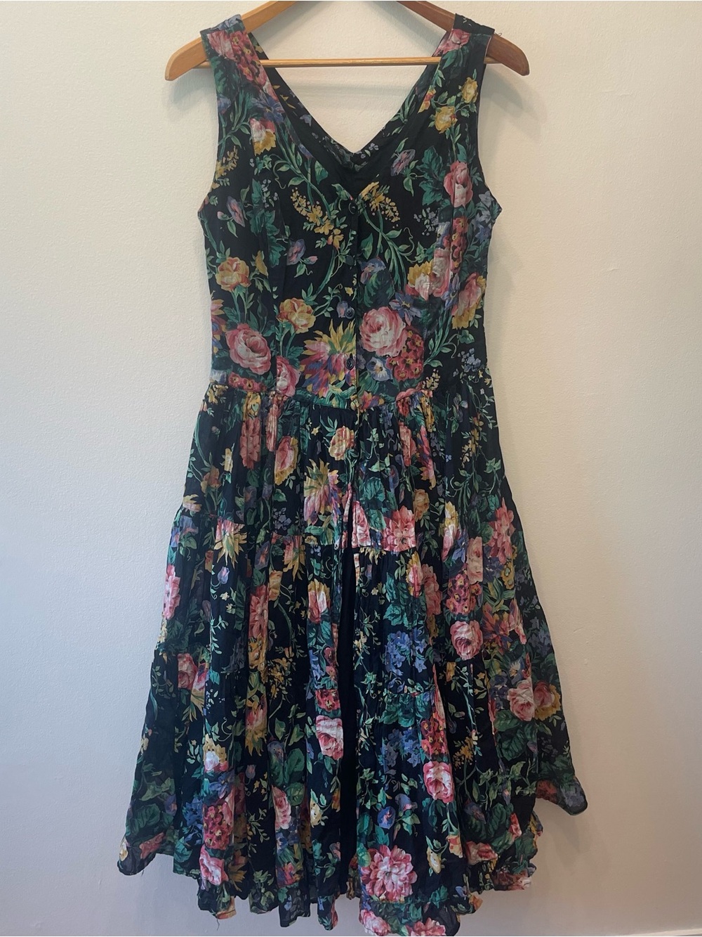 80s Starina Floral Gauzy midi Swing Dress size medium
